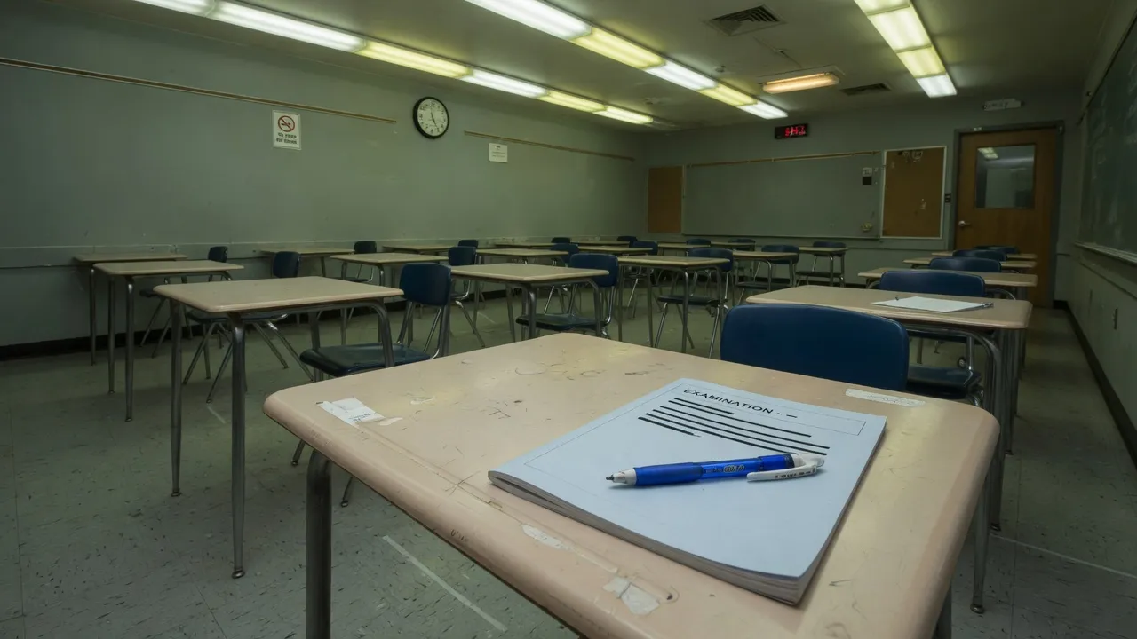 Aula vacía con un cuadernillo de examen y un bolígrafo sobre la mesa.